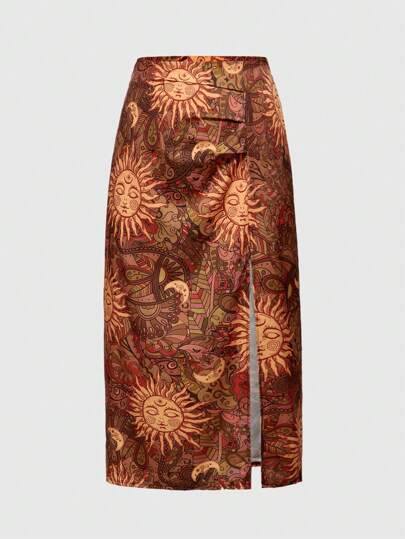 Hippie Falda informal de verano vintage de talla grande con estampado de sol, luna y estrellas con abertura