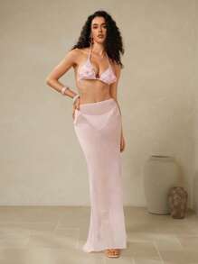 Swim Oasis Elegant Summer Vacation Sequin 3D Floral Decor Ladies Swimwear Set - Baby Pink - View 4