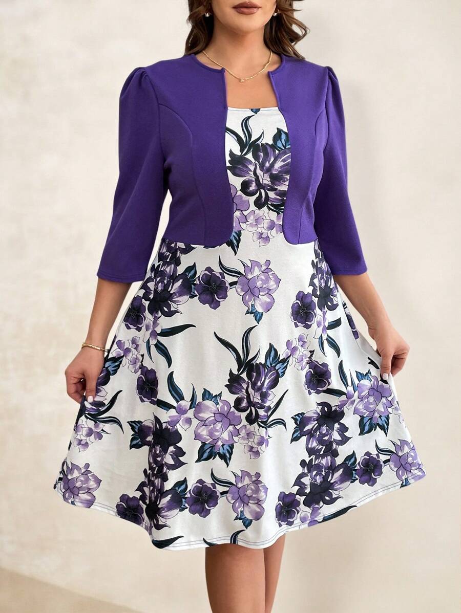 SHEIN Clasi Plus Size Contrast Color Patchwork Floral Print Puff Sleeve Dress - Purple - View 1