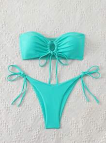 SHEIN Swim Damen Sommer Strand trägerloser ausgeschnittener vorne gebundener sexy grüner Bandeau Bikini-Bekleidungsset, bügellos - Babyblau - Übersicht 5