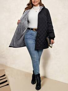 SHEIN Clasi Plus Size Casual Solid Color Diamond Quilted Padded Hooded Jacket For Winter - Black - View 6