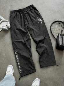 Manfinity Sport Corelite Pantalones deportivos casuales con cordón en la cintura, con estampado de letras y cruces para hombres - Negro - Ver 3