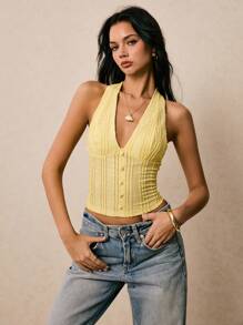 Poéselle Áo ba lỗ họa tiết trơn màu đơn giản cho nữ mùa hè - Màu vàng - Xem 3