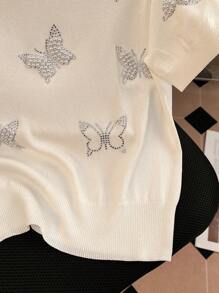 INAWLY Women's Short Sleeve Studded Butterfly Decor Knit Top