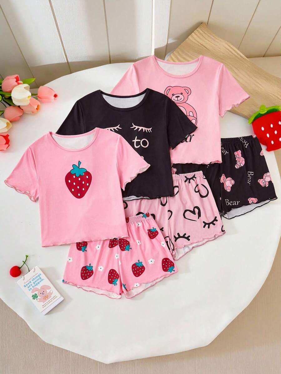 SHEIN 6 件女童卡通熊、草莓和爱睡觉图案睡衣套装,包含柔软 T 恤和弹力短裤,穿着舒适,易于护理,3 件套单独出售 - 彩色 - 查看 1