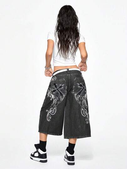 Grunge Punk Low Waist Oversized Street-Style Vintage Vine Cross Embroidered Loose Fit 7/8 Length Jeans
