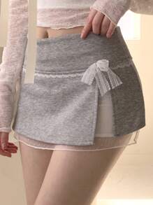 DAZY Women's Lace Patchwork Bowknot Tie Waist Mini Skirt - Grey - View 1
