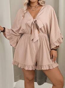 SHEIN VCAY Mono de talla grande para vacaciones con unicolor, manga tipo murciélago, volante en el bajo y cintura con lazo - Caqui - Ver 4