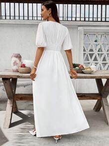 INAWLY Women Deep V-Neck High Slit Waist Short Sleeve Solid Color Dress - White - View 2