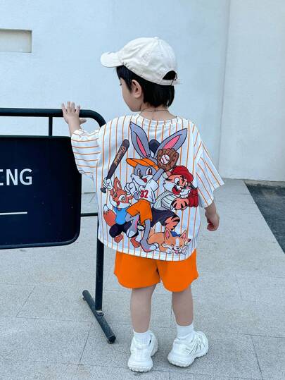 SHEIN Little Byeori 2pcs/Set Young Boys Casual Street Cute Graphic Oversized Round Neck Short Sleeve Striped T-Shirt And Blue Shorts Summer 2 Pieces Outfit