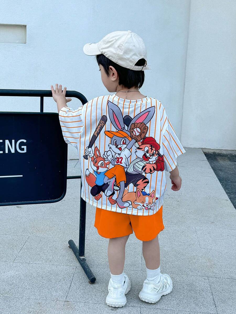 SHEIN Little Byeori 2pcs/Set Young Boys Casual Street Cute Graphic Oversized Round Neck Short Sleeve Striped T-Shirt And Blue Shorts Summer 2 Pieces Outfit