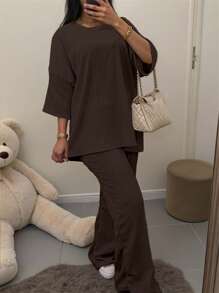 SHEIN 2pcs/Set Plus Size Women Solid Color Round Neck Drop Shoulder Top And Pants