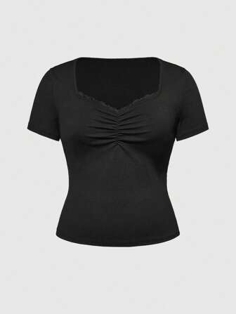 Kawaii Camiseta casual de verano para mujer talla grande de unicolor con cuello en forma de corazón y volantes en las mangas cortas