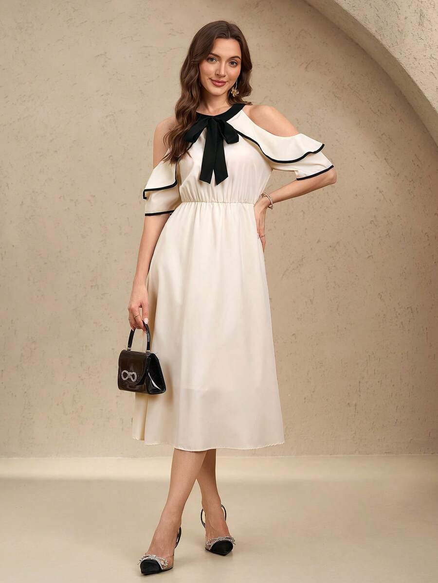 EMERY ROSE Vestido elegante de mujer con bloque de color, escote off shoulder, lazo en la cintura y volantes en el bajo, para primavera/verano - Multicolor - Ver 1