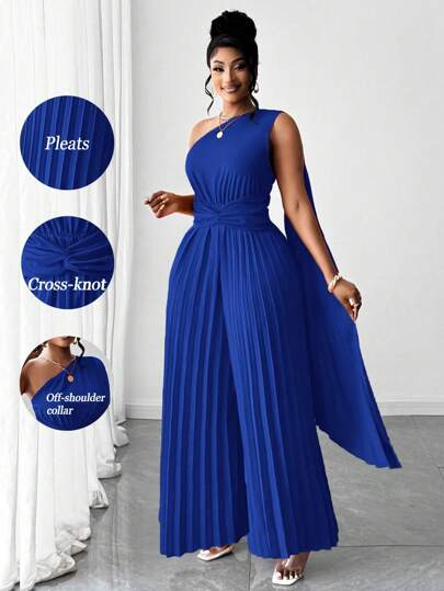 Maweii 大码女式优雅褶皱不对称单肩设计连体裤，百搭，适合春夏派对、婚礼、音乐会穿着