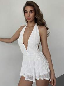 Aloruh Women's Solid Color Halter Backless Sleeveless Casual Jumpsuit For Summer Summer Summer Outfits Summer Clothes Beach Outfits For Woman  Beach Vacation Vacation Outfits Woman Boho  Tropical Vacation Woman Clothe Ruffle White Textured Jumpsuit Holiday Backless Sexy Deep V