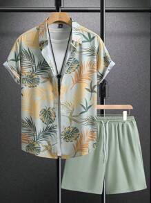 Manfinity RSRT Áo sơ mi tay ngắn họa tiết cây nhiệt đới Hawaii dành cho nam và quần short, trang phục thường ngày nhiệt đới mùa hè, trang phục nghỉ dưỡng Hawaii Cancun Bahama, trang phục ấm áp - Nhiều màu - Xem 3