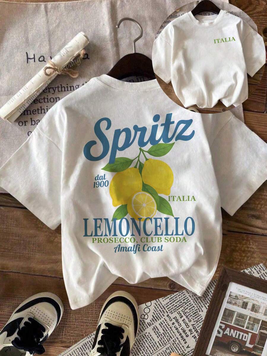Lemon Print Fruit T-Shirts, Italian Letter Graphic T-Shirts, Summer - White - View 1