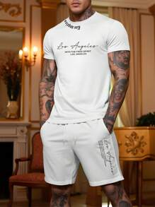 Manfinity LEGND Ensemble t-shirt casual à manches courtes col rond avec imprimé slogan et short à cordon de serrage pour homme - Blanc - Voir 3
