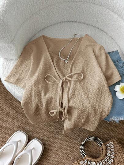 SHEIN LUNE Light Yellow Front Tie-Up Knitted Women Top/T-Shirt, Sexy, Cute, Fashionable, Casual