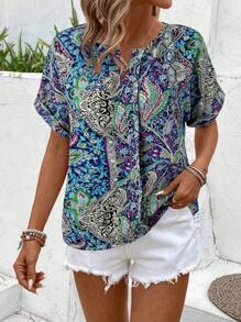 SHEIN LUNE Áo cánh thanh lịch cổ chữ V trễ vai in họa tiết cổ điển cho kỳ nghỉ thường ngày của phụ nữ - Màu tím - Xem 3