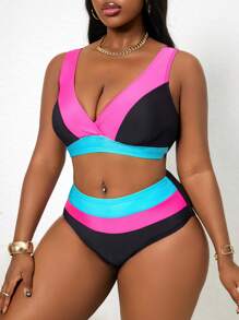 Slaydiva Set de 2 piezas de traje de baño informal de color contrastante para mujer de talla grande - Multicolor - Ver 3