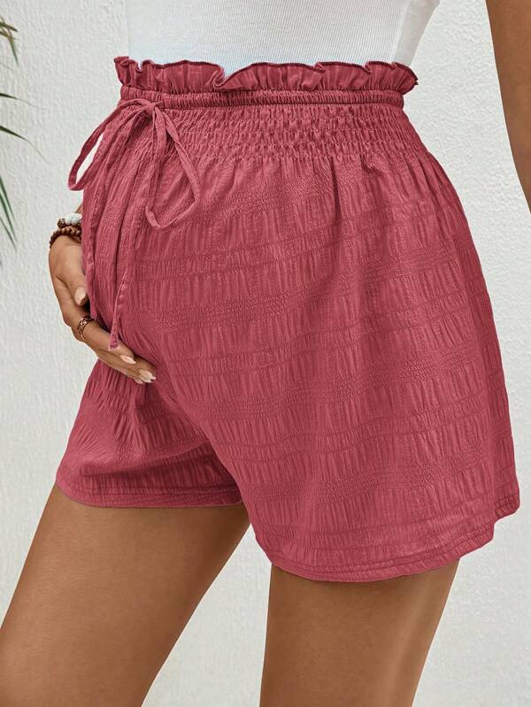 SHEIN Pregnant Women's Casual Solid Color Textured Fabric Drawstring Paper Bag Waist Wide Leg Shorts, Summer