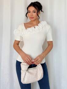 Selianne Camisa de manga corta con volantes y decoración floral en color crema amarillento elegante y de moda de verano 2025, adecuada para citas, salidas, vacaciones, negocios, banquetes, fiestas, bodas, Día de la Madre, Día del Maestro, festival de cerveza, festival de música - Blanco - Ver 3