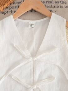 SHEIN LMoss Kids 少女休闲简约舒适无袖圆领系带蝴蝶结上衣和短裤两件套 - 白色 - 查看 4