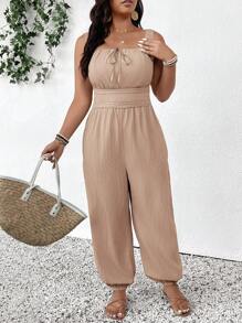 SHEIN Frenchy Plus Size Women's Minimalist Solid Color Square Collar Contrast Lace Waist Jumpsuit, Summer Vacation Style - Khaki - View 5