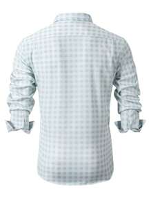 Manfinity Homme 常规肩格子单扣长袖休闲衬衫，夏季男士格子衬衫男士休闲衬衫浅蓝色衬衫男士白灰色衬衫男士格子衬衫，适合秋季 - 灰綠 - 查看 2