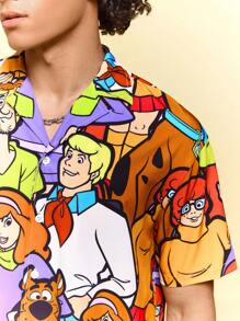 SCOOBY-DOO X SHEIN Men's Cartoon Pattern Front Button Short Sleeve Shirt, Summer