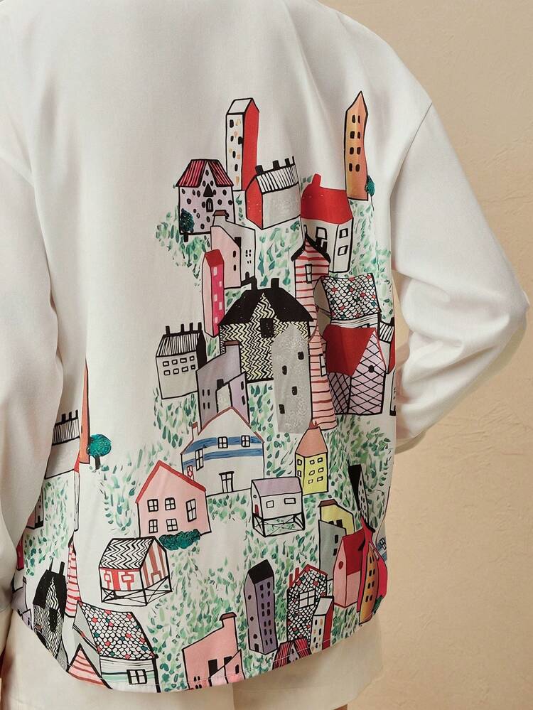 Chemise blouse à manches longues mi-longues avec imprimé graphique coloré de maison décontracté de couleur unie, vêtements d'été pour femmes