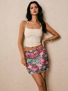 Poéselle Falda mini corta con diseño geométrico brillante, adecuada para ocasiones de fiesta