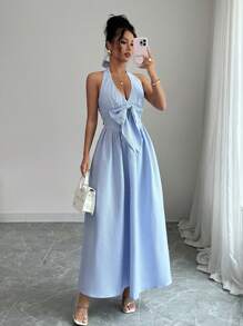 SHEIN Unity Vestido largo con lazo y estampado de rayas elástico ChicEase - Azul - Ver 6