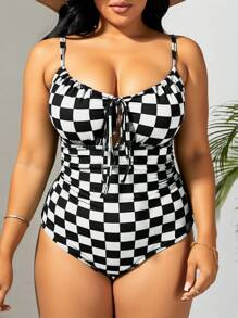 Swim Lushoire 加大码女式格子扣带连体泳衣，适合旅行或度假