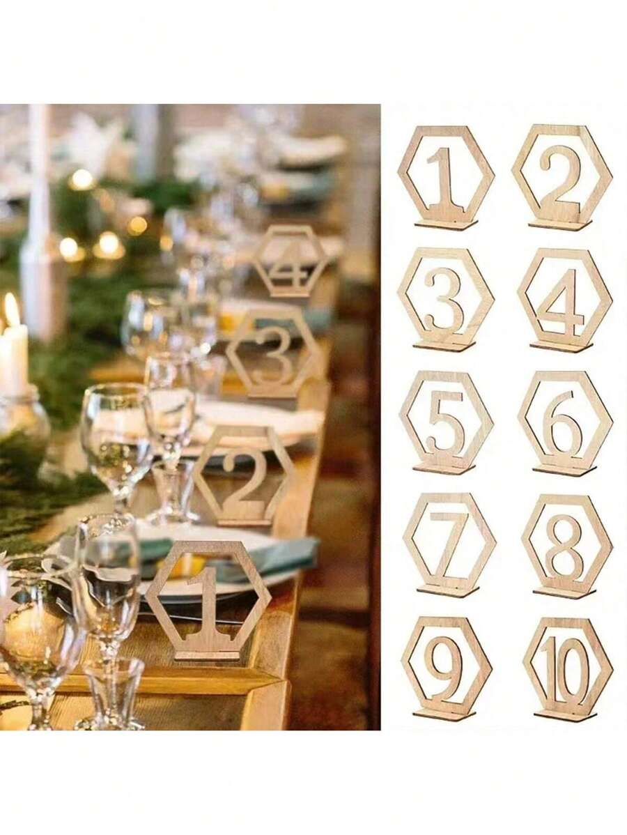 SHEIN 1 Set (10 Piezas) Señal de número de mesa para decoración de boda y fiesta, soporte de memo de madera para decoración de mesa de boda, fiesta de cumpleaños y evento, suministros de decoración de mesa, placa de número de mesa hexagonal hueca, cartel de número de mesa para bar, cafetería y boda