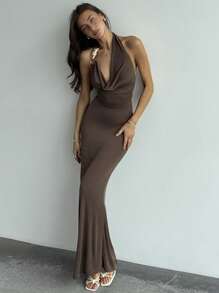 Aloruh Women's Solid Color Metal Decor Backless Sleeveless Dress Summer Summer Outfits Summer Clothes Beach Outfits For Woman  Beach Vacation Vacation Outfits Woman Boho  Tropical Vacation Woman Clothe Tea Party Dress Coffee-Colored Backless Strappy Long Dress, Front Center Sway Collar, Snake Ring Metal Splicing, Sexy Wild Holiday Date, Romantic Wild,Bodycon Dress