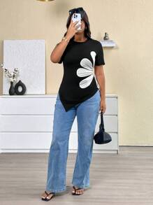 Elenzga Camiseta de Gola Redonda de Manga Curta Plus Size, Moda para o Verão - Preto - Visão 6
