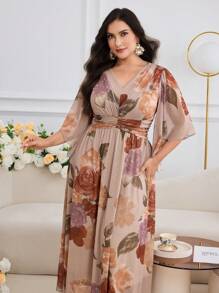 Modelyn Plus Size Women Summer Vacation Floral Print V-Neck Flare Sleeve Ruffle Waist Maxi Dress - Multicolor - View 1