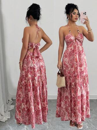 Rafferiza Pink Perlis Cashew Flower V-Neck Spaghetti Straps Natural Wood Color Beaded Suspenders Double-Layer Large A-Line Skirt Women's Spring And Summer Long Holiday Backless Dress Summer Elegant Dress Women's Holiday Beach Wear Dress Neckline Tie Skirt