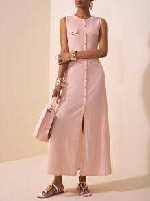 Zivah New Spring And Summer Casual And Elegant Round Neck Sleeveless Bag Flap Decorated With Metal Buckles Fishtail Skirt Hip Skirt With Open Placket Black Textured Knitted Fabric Women's Long Dress-B,Business Casual Woman