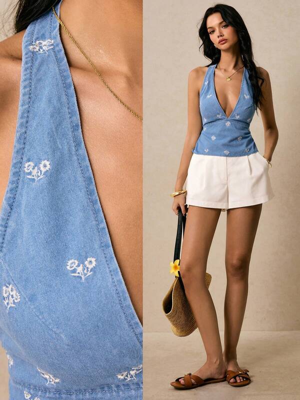 Poéselle Topuri din denim pentru femei, broderie, spate fără mâneci, vestă din denim pentru femei, bluză albastră, top sexy de vară pentru femei, broderie florală cu ditsy, spate fără mâneci, top din denim, topuri de vară, haine de vară boho, haine de vară pentru femei, haine de vară pentru femei, top halter, Y2k, topuri drăguțe de vară, ținute de concert, haine de festival