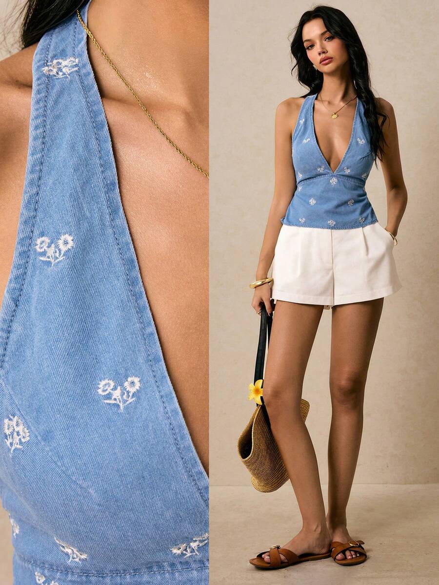 Poéselle 女式牛仔上衣刺绣露背挂脖背心女式牛仔背心蓝色上衣女式夏季性感碎花刺绣露背挂脖牛仔上衣夏季上衣波西米亚风夏季上衣夏季挂脖上衣 Y2k 可爱夏季上衣音乐会节、复古风、商务休闲女装 - 中等水洗藍 - 查看 1