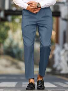 Manfinity Bizformal Men's Solid Color Pleated Front Pocket Straight Leg Casual Pants - Blue - View 5