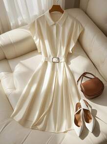 SHEIN Frenchy Plus Size Women Summer Simple & Elegant Commuting Midi Dress - Beige - View 1