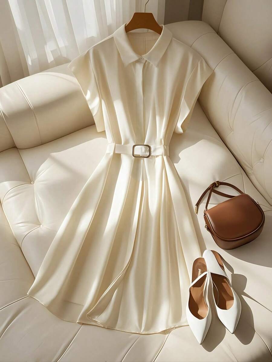 SHEIN Frenchy Plus Size Women Summer Simple & Elegant Commuting Midi Dress - Beige - View 1