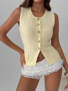 SHEIN EZwear Damen Butter Gelb Lässig Strukturierter Minimalistischer Ärmelloser Strick Top, für den täglichen Gebrauch, Sommer für Damen, Lehrerin für Damen - Weiss - Übersicht 3