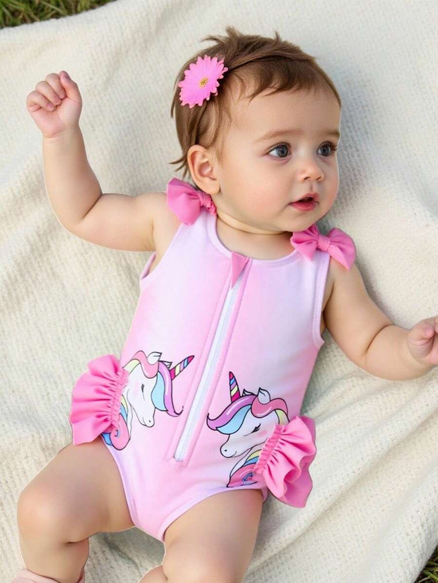 Newborn Baby Zip-Up Swimsuit, Cute 3D Pink Design - Baby Pink - View 1