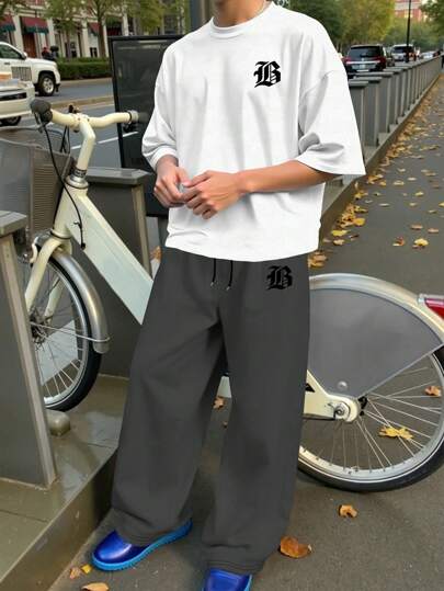 Claim Dot 2pcs Men's Versatile Letter Print T-Shirt And Elastic Waist Loose Fit Sweatpants Set
